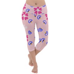 Flower Heart Print Pattern Pink Lightweight Velour Capri Yoga Leggings by Cemarart