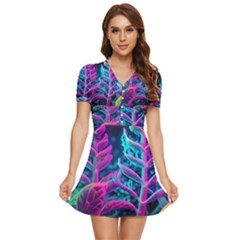 Spring Flower Neon Wallpaper V-neck High Waist Chiffon Mini Dress by Cemarart