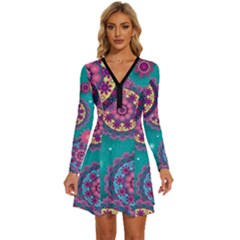 Floral Pattern Abstract Colorful Flow Oriental Spring Summer Long Sleeve Deep V Mini Dress  by Cemarart