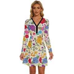 Colorful Flowers Pattern Long Sleeve Deep V Mini Dress  by Cemarart
