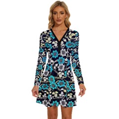 Blue Flower Floral Flora Naure Pattern Long Sleeve Deep V Mini Dress  by Cemarart