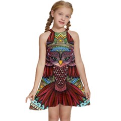 Colorful Owl Art Red Owl Kids  Halter Collar Waist Tie Chiffon Dress by Bedest