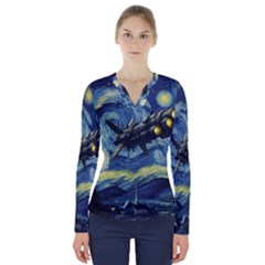 Spaceship Starry Night Van Gogh Painting V-neck Long Sleeve Top by Maspions