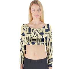 Elegant Hairdresser Pattern Cream Long Sleeve Crop Top by TetiBright