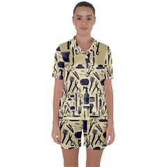Elegant Hairdresser Pattern Cream Satin Short Sleeve Pajamas Set by TetiBright