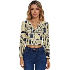 Elegant Hairdresser Pattern Cream Long Sleeve V-neck Top by TetiBright