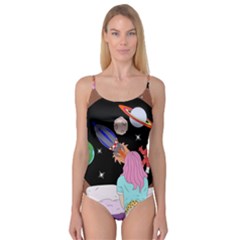 Girl Bed Space Planets Spaceship Rocket Astronaut Galaxy Universe Cosmos Woman Dream Imagination Bed Camisole Leotard  by Maspions
