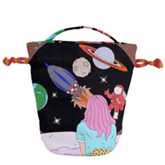 Girl Bed Space Planets Spaceship Rocket Astronaut Galaxy Universe Cosmos Woman Dream Imagination Bed Drawstring Bucket Bag by Maspions