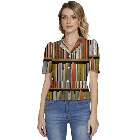 Book Nook Books Bookshelves Comfortable Cozy Literature Library Study Reading Reader Reading Nook Ro Puffed Short Sleeve Button Up Jacket by Maspions