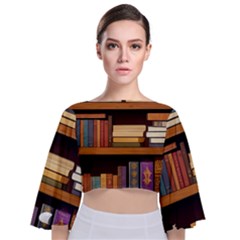 Book Nook Books Bookshelves Comfortable Cozy Literature Library Study Reading Room Fiction Entertain Tie Back Butterfly Sleeve Chiffon Top by Maspions