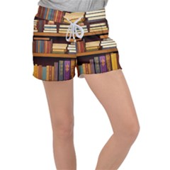 Book Nook Books Bookshelves Comfortable Cozy Literature Library Study Reading Room Fiction Entertain Women s Velour Lounge Shorts by Maspions