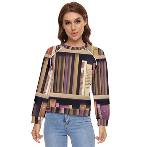 Books Bookshelves Office Fantasy Background Artwork Book Cover Apothecary Book Nook Literature Libra Women s Long Sleeve Raglan T-shirt by Grandong