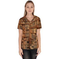 Room Interior Library Books Bookshelves Reading Literature Study Fiction Old Manor Book Nook Reading Women s V-neck Scrub Top by Grandong