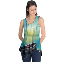 Swamp Bayou Rowboat Sunset Landscape Lake Water Moss Trees Logs Nature Scene Boat Twilight Quiet Sleeveless Tunic by Grandong