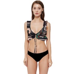 Retro Electronics Old Antiques Texture Wallpaper Vintage Cassette Tapes Retrospective Low Cut Ruffle Edge Bikini Top by Grandong