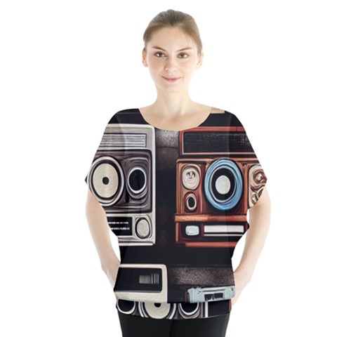 Retro Cameras Old Vintage Antique Technology Wallpaper Retrospective Batwing Chiffon Blouse by Grandong
