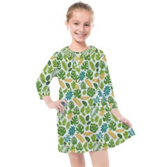 Leaves Tropical Background Pattern Green Botanical Texture Nature Foliage Kids  Quarter Sleeve Shirt Dress by Maspions