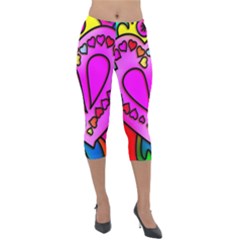 Stained Glass Love Heart Lightweight Velour Capri Leggings  by Apen