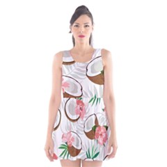 Seamless Pattern Coconut Piece Palm Leaves With Pink Hibiscus Scoop Neck Skater Dress by Apen
