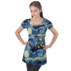 Spaceship Starry Night Van Gogh Painting Puff Sleeve Tunic Top by Maspions