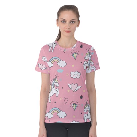 Cute Unicorn Seamless Pattern Women s Cotton T-shirt by Apen