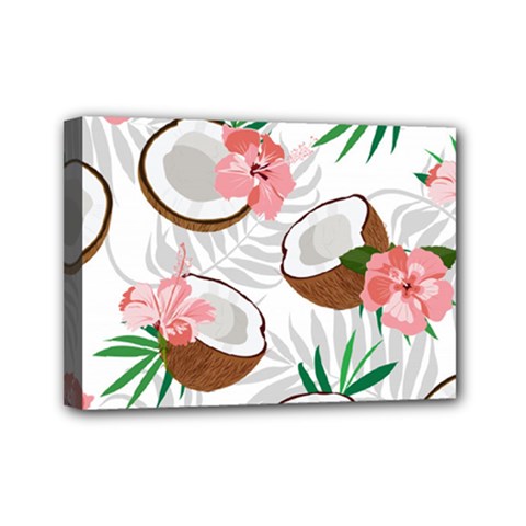 Seamless Pattern Coconut Piece Palm Leaves With Pink Hibiscus Mini Canvas 7  X 5  (stretched) by Apen