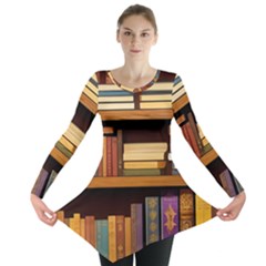Book Nook Books Bookshelves Comfortable Cozy Literature Library Study Reading Room Fiction Entertain Long Sleeve Tunic  by Maspions