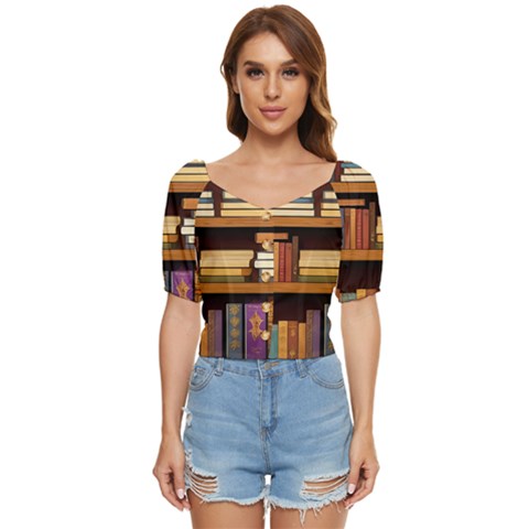 Book Nook Books Bookshelves Comfortable Cozy Literature Library Study Reading Room Fiction Entertain Button Up Blouse by Maspions
