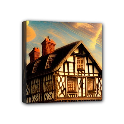 Village House Cottage Medieval Timber Tudor Split-timber Frame Architecture Town Twilight Chimney Mini Canvas 4  X 4  (stretched) by Posterlux