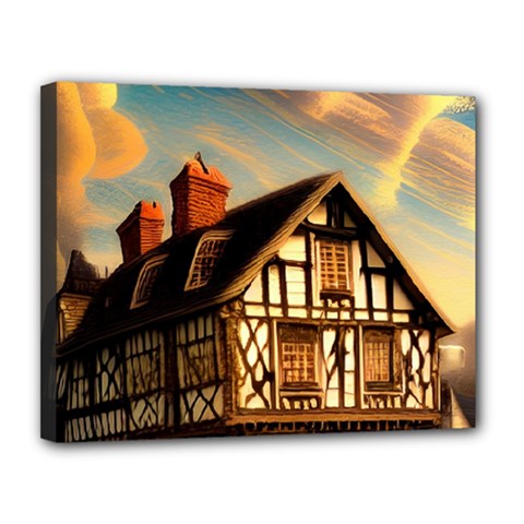 Village House Cottage Medieval Timber Tudor Split-timber Frame Architecture Town Twilight Chimney Canvas 14  X 11  (stretched) by Posterlux