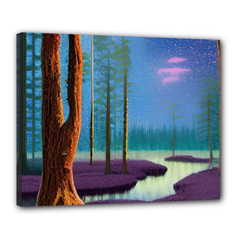 Artwork Outdoors Night Trees Setting Scene Forest Woods Light Moonlight Nature Canvas 20  X 16  (stretched) by Posterlux