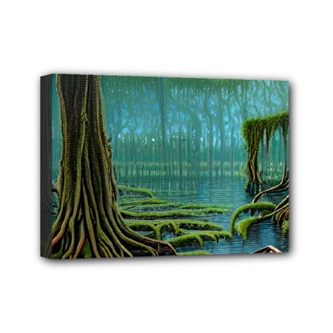 Boat Canoe Swamp Bayou Roots Moss Log Nature Scene Landscape Water Lake Setting Abandoned Rowboat Fi Mini Canvas 7  X 5  (stretched) by Posterlux