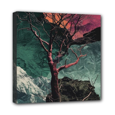 Night Sky Nature Tree Night Landscape Forest Galaxy Fantasy Dark Sky Planet Mini Canvas 8  X 8  (stretched) by Posterlux