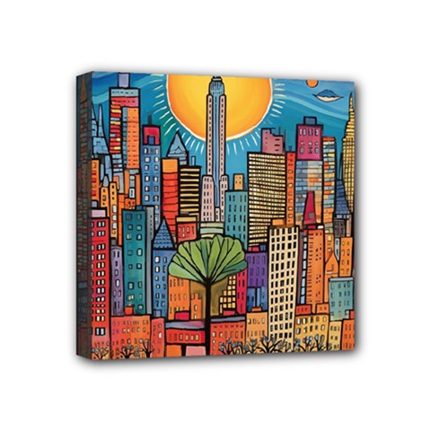 City New York Nyc Skyscraper Skyline Downtown Night Business Urban Travel Landmark Building Architec Mini Canvas 4  X 4  (stretched) by Posterlux