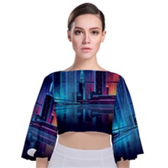 Digital Art Artwork Illustration Vector Buiding City Tie Back Butterfly Sleeve Chiffon Top by Maspions