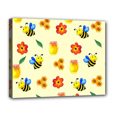 Seamless Honey Bee Texture Flowers Nature Leaves Honeycomb Hive Beekeeping Watercolor Pattern Canvas 14  X 11  (stretched) by Maspions