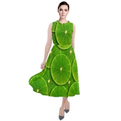 Lime Textures Macro, Tropical Fruits, Citrus Fruits, Green Lemon Texture Round Neck Boho Dress by nateshop