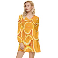 Oranges Textures, Close-up, Tropical Fruits, Citrus Fruits, Fruits Tiered Long Sleeve Mini Dress by nateshop