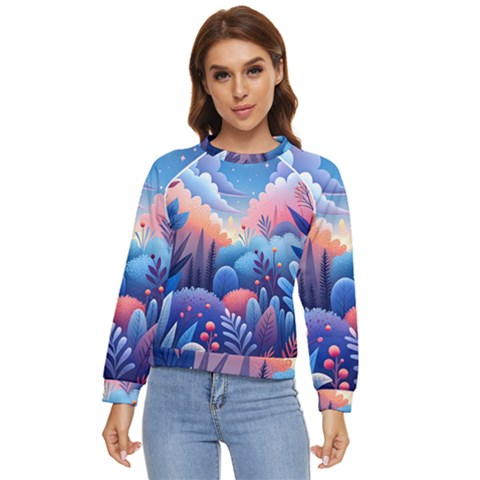 Nature Night Bushes Flowers Leaves Clouds Landscape Berries Story Fantasy Wallpaper Background Sampl Women s Long Sleeve Raglan T-shirt by Maspions