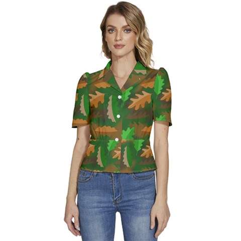 Leaves Foliage Pattern Oak Autumn Puffed Short Sleeve Button Up Jacket by Maspions
