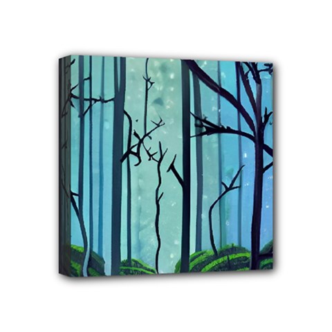 Nature Outdoors Night Trees Scene Forest Woods Light Moonlight Wilderness Stars Mini Canvas 4  X 4  (stretched) by Posterlux