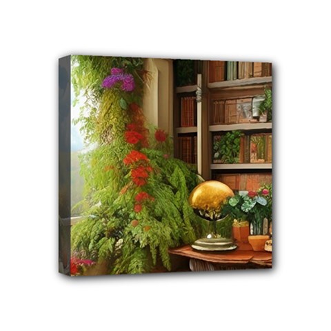 Room Interior Library Books Bookshelves Reading Literature Study Fiction Old Manor Book Nook Reading Mini Canvas 4  X 4  (stretched) by Posterlux