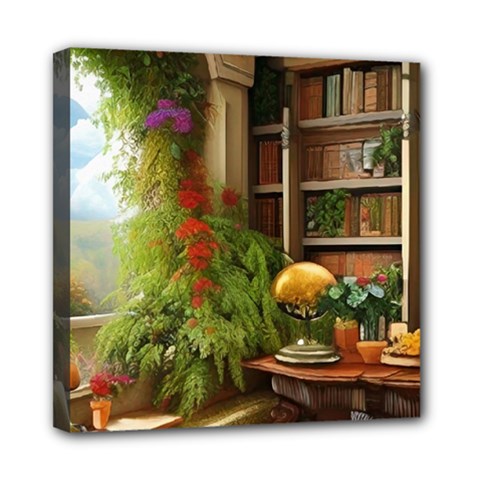 Room Interior Library Books Bookshelves Reading Literature Study Fiction Old Manor Book Nook Reading Mini Canvas 8  X 8  (stretched) by Posterlux