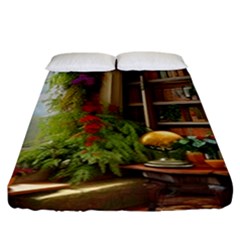 Room Interior Library Books Bookshelves Reading Literature Study Fiction Old Manor Book Nook Reading Fitted Sheet (california King Size) by Posterlux