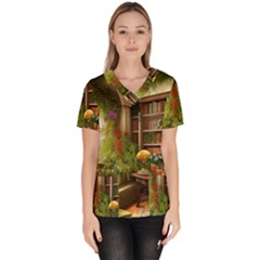 Room Interior Library Books Bookshelves Reading Literature Study Fiction Old Manor Book Nook Reading Women s V-neck Scrub Top by Posterlux