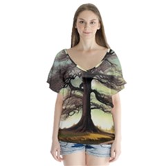 Nature Outdoors Cellphone Wallpaper Background Artistic Artwork Starlight Book Cover Wilderness Land V-neck Flutter Sleeve Top by Posterlux