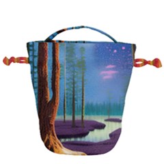 Artwork Outdoors Night Trees Setting Scene Forest Woods Light Moonlight Nature Drawstring Bucket Bag by Posterlux