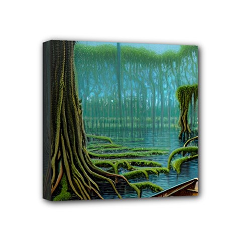 Boat Canoe Swamp Bayou Roots Moss Log Nature Scene Landscape Water Lake Setting Abandoned Rowboat Fi Mini Canvas 4  X 4  (stretched) by Posterlux