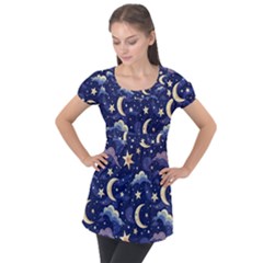 Night Moon Seamless Puff Sleeve Tunic Top by Maspions