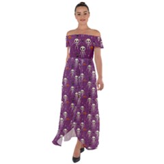 Skull Halloween Pattern Off Shoulder Open Front Chiffon Dress by Maspions
